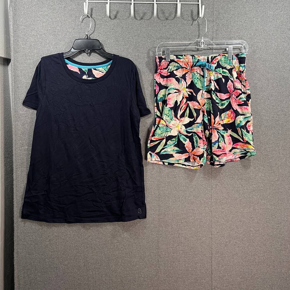 Cuddl Duds Cotton Core Scoop Tee and Shorts Pajama Set Navy/TropicLeaf, Small